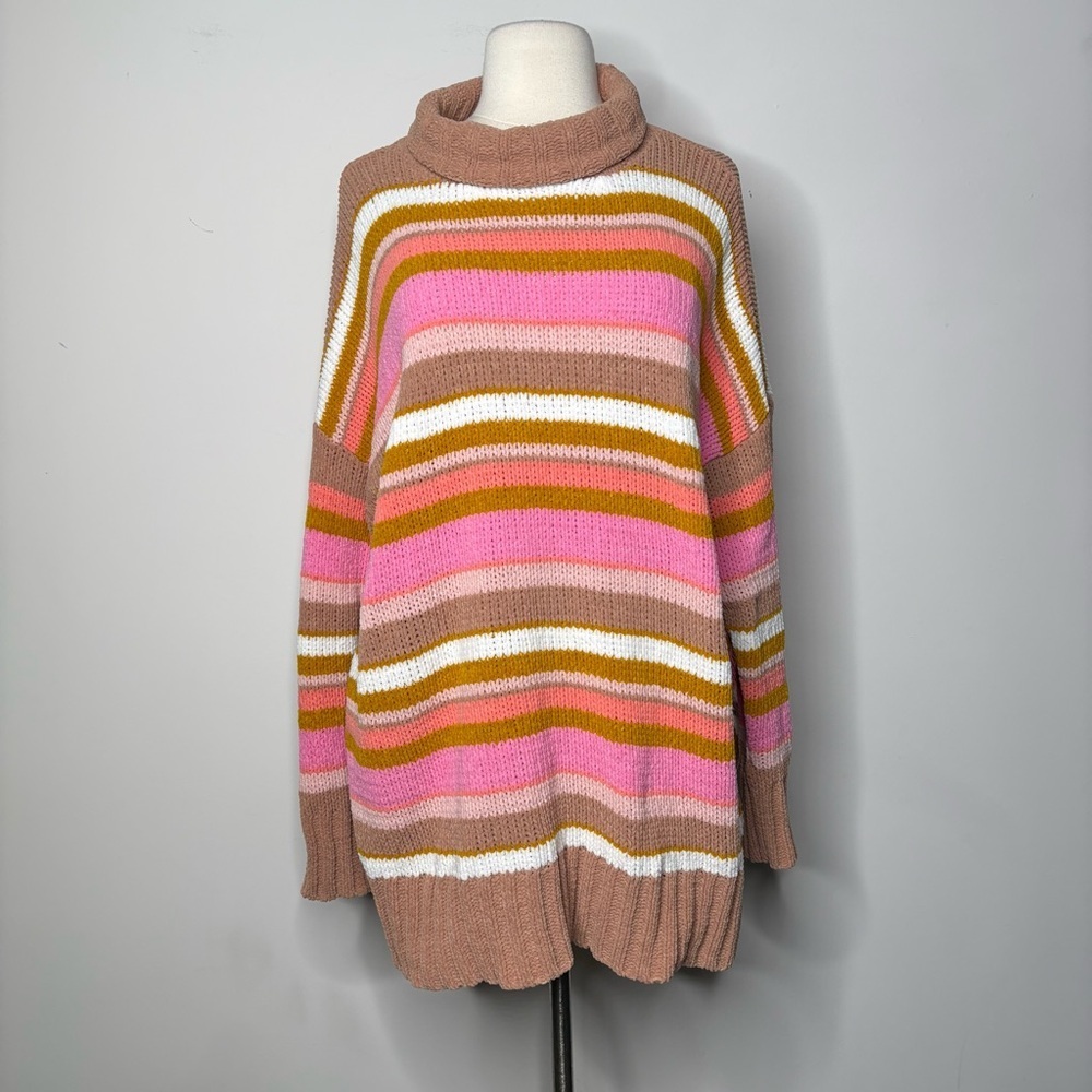 Aerie Super Soft Chenille Striped Turtleneck Sweater Chunky Knit
